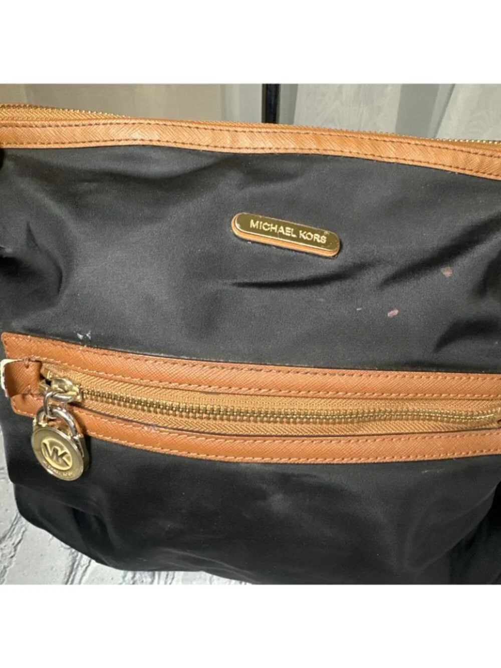 Michael Kors Black Cognac Shoulder Bag With Tan Leather Trim Medium Purse